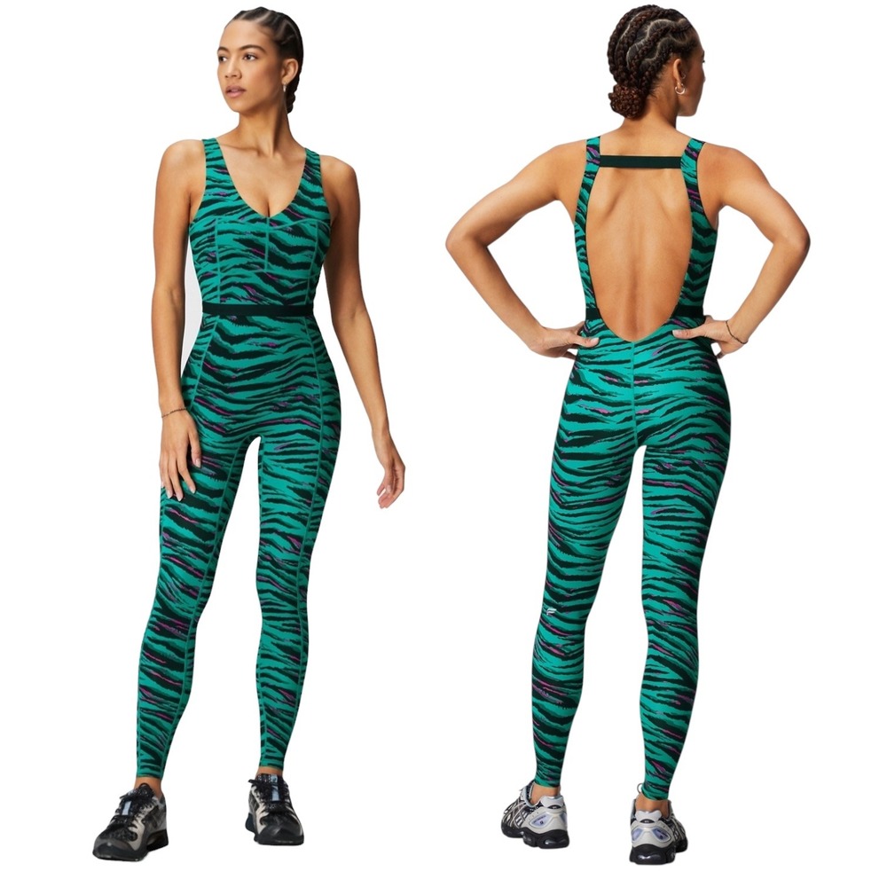 Fabletics Bodysuit Jumpsuit Motion 365+ Tiger Print Cutout Green‎ Black Pink XL